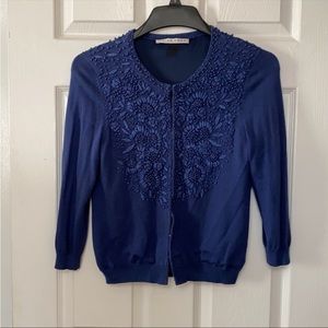 Trina Turk Navy Cobalt Blue Silk Embroidery Floral Cardigan Sweater